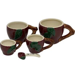 VTG 80s Cracker Barrel Apple Ceramic Measuring Cups & Spoons 5pc Kitchen Decor